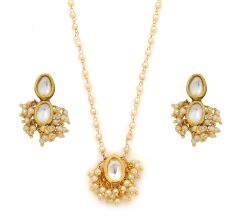Gold Tone Kundan Double Oval Pendant Necklace & Earring Set with Pearl Tassels